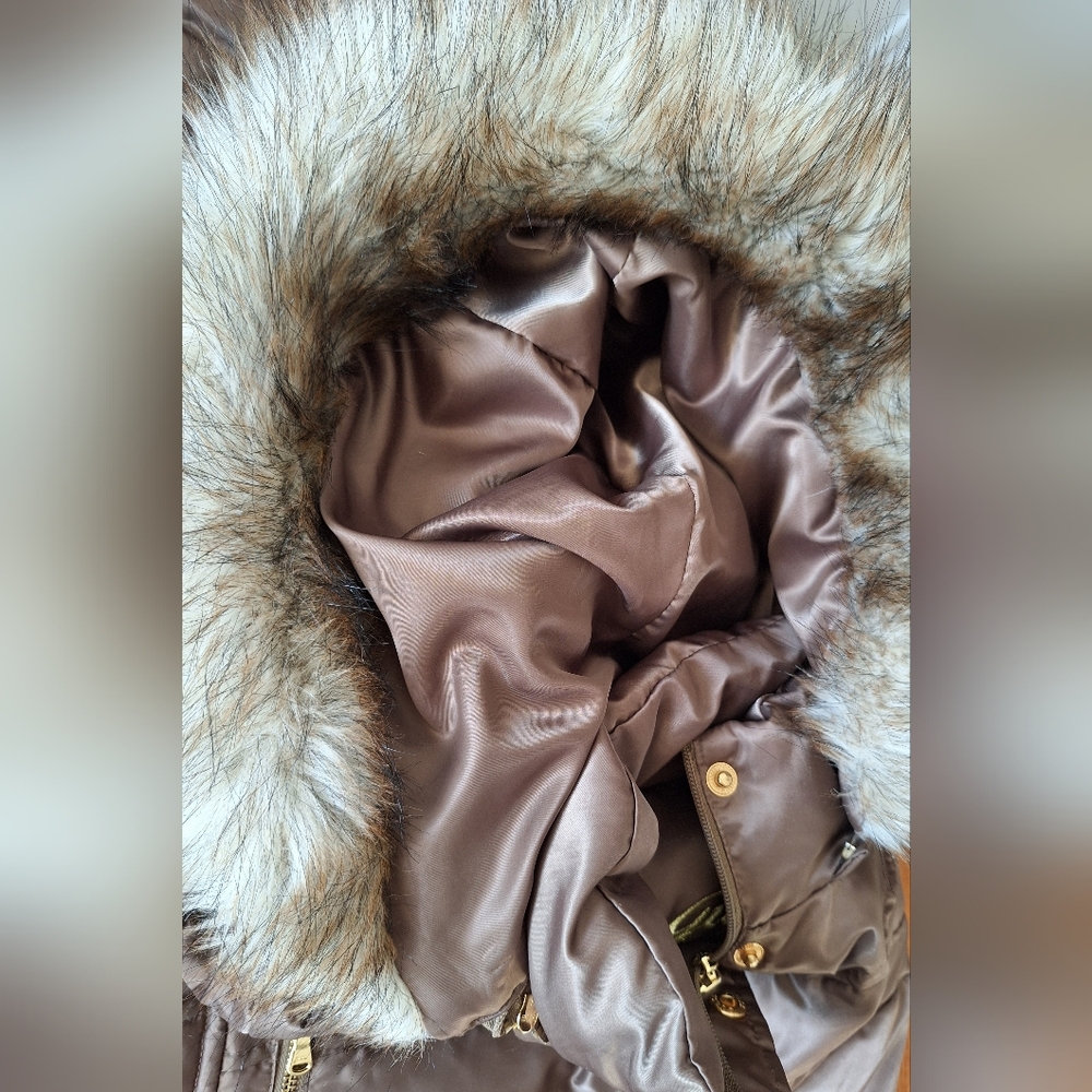 Guess Y2K Fur Hooded Long Jacket Down Puffer Utility Parka Womens XS Bronze - Picture 13 of 16